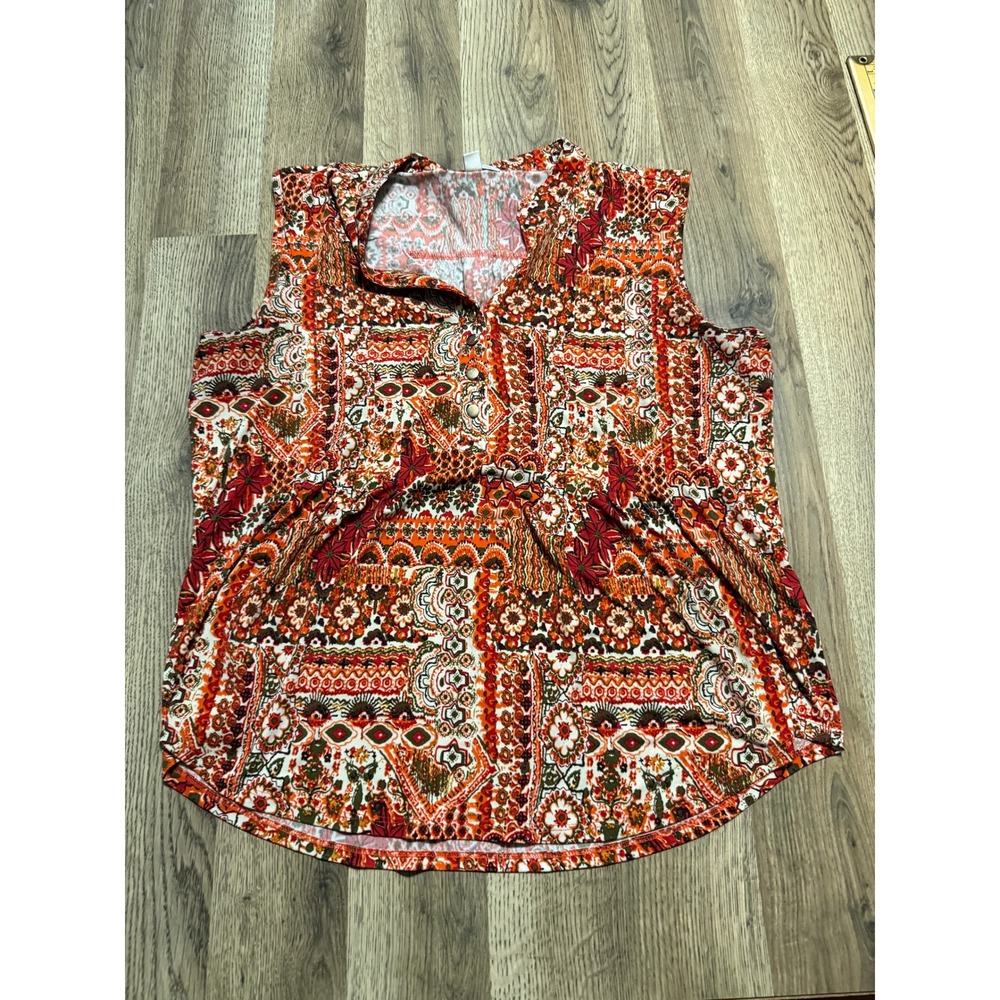 Christopher & Banks Shirts Womens Size L Orange Paisley Sleeveless Henley Blouse